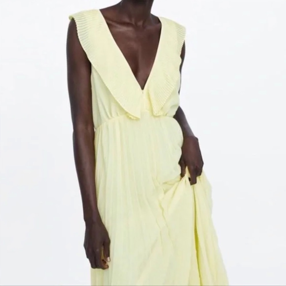 Zara Yellow Pleated Maxi Ruffle Dress